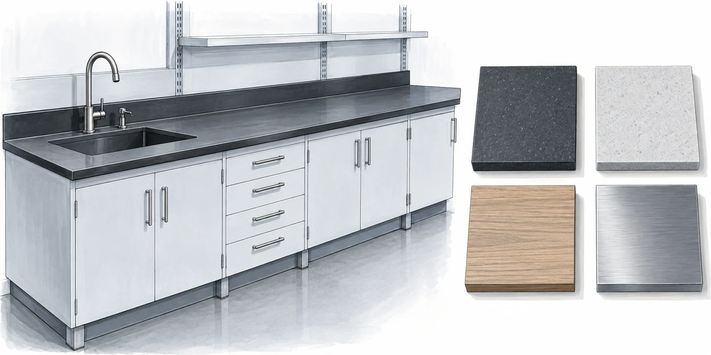 AI-generated drawing of a lab bench and countertop material samples