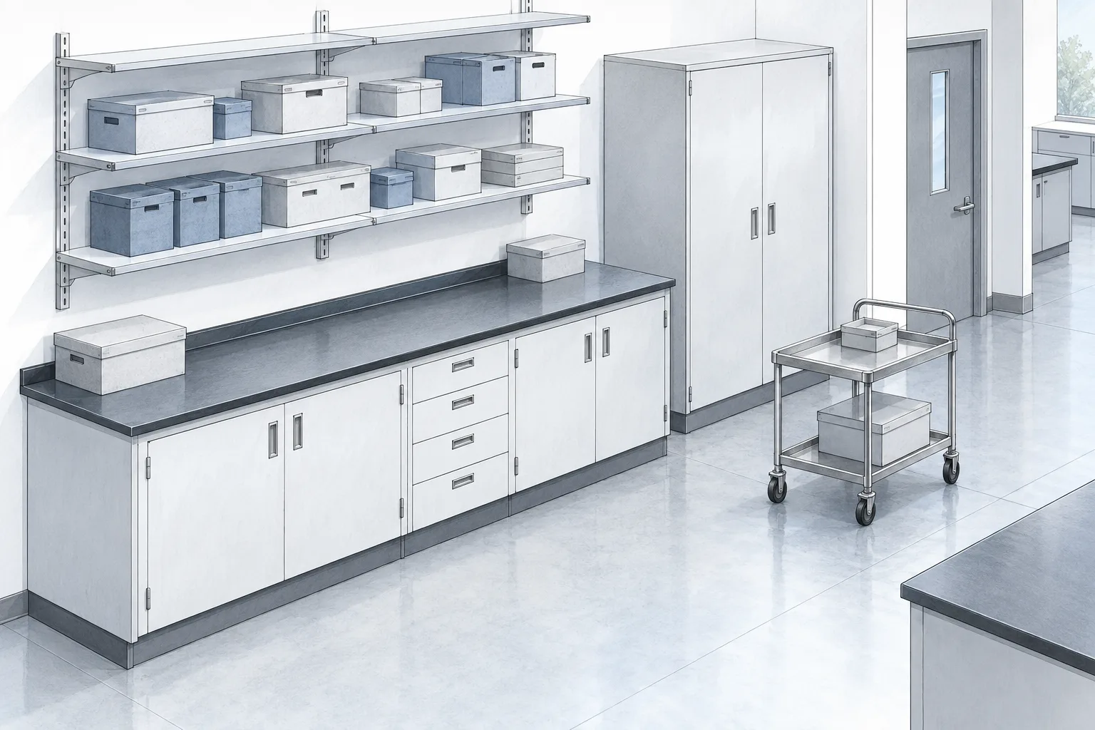 AI-generated conceptual drawing of laboratory cabinets, shelves and a utility cart