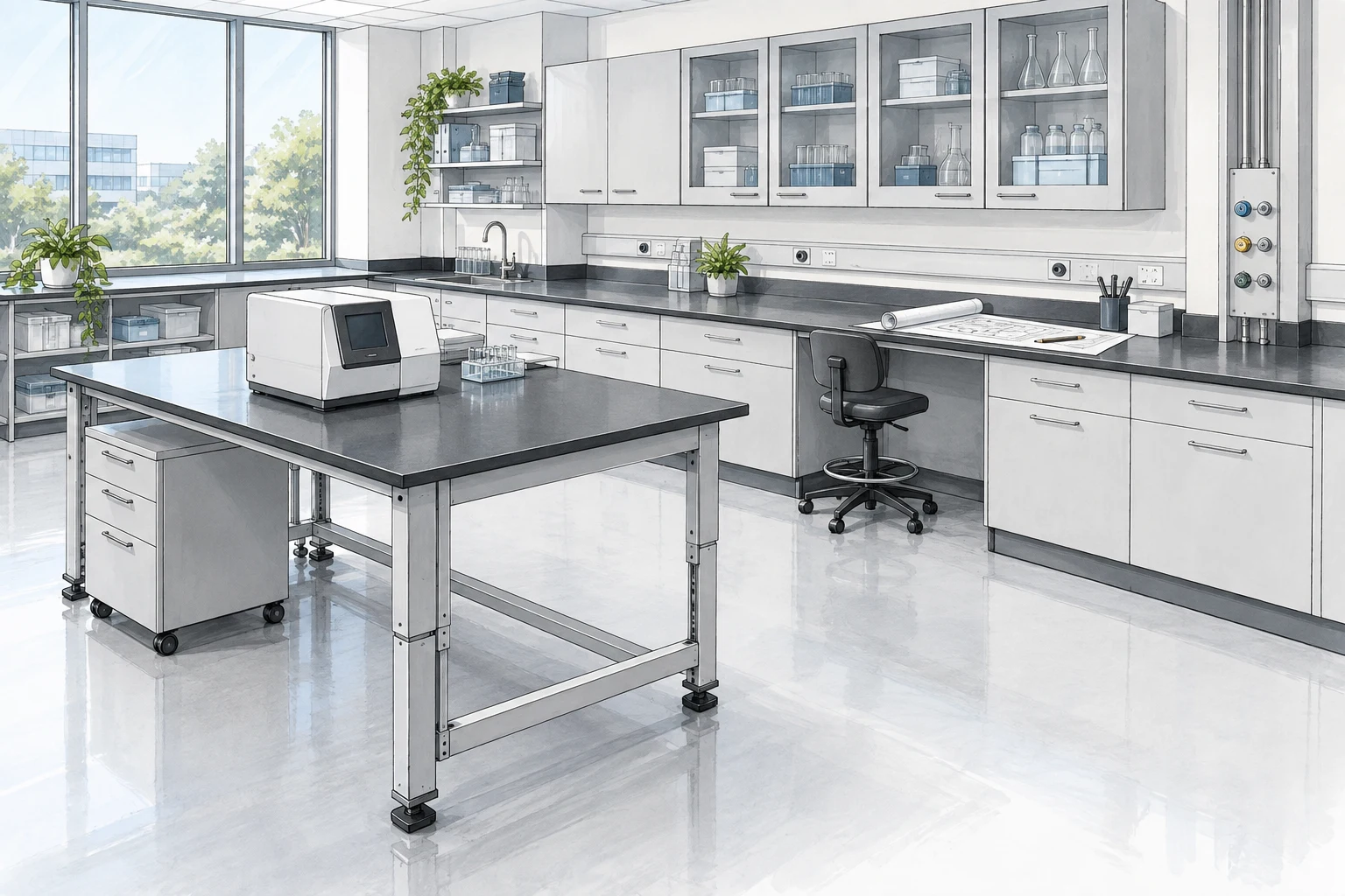 AI-generated laboratory furniture planning illustration