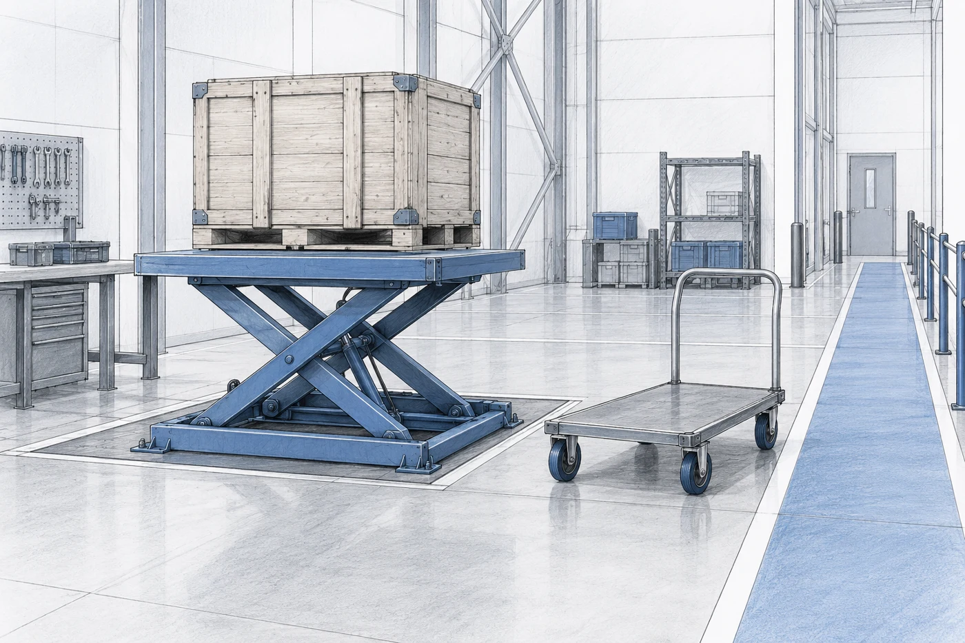 Concept drawing of industrial workstation drawing showing a lift table holding a stable crate beside a wheeled platform trolley, separate pedestrian walkway, equipment at rest.