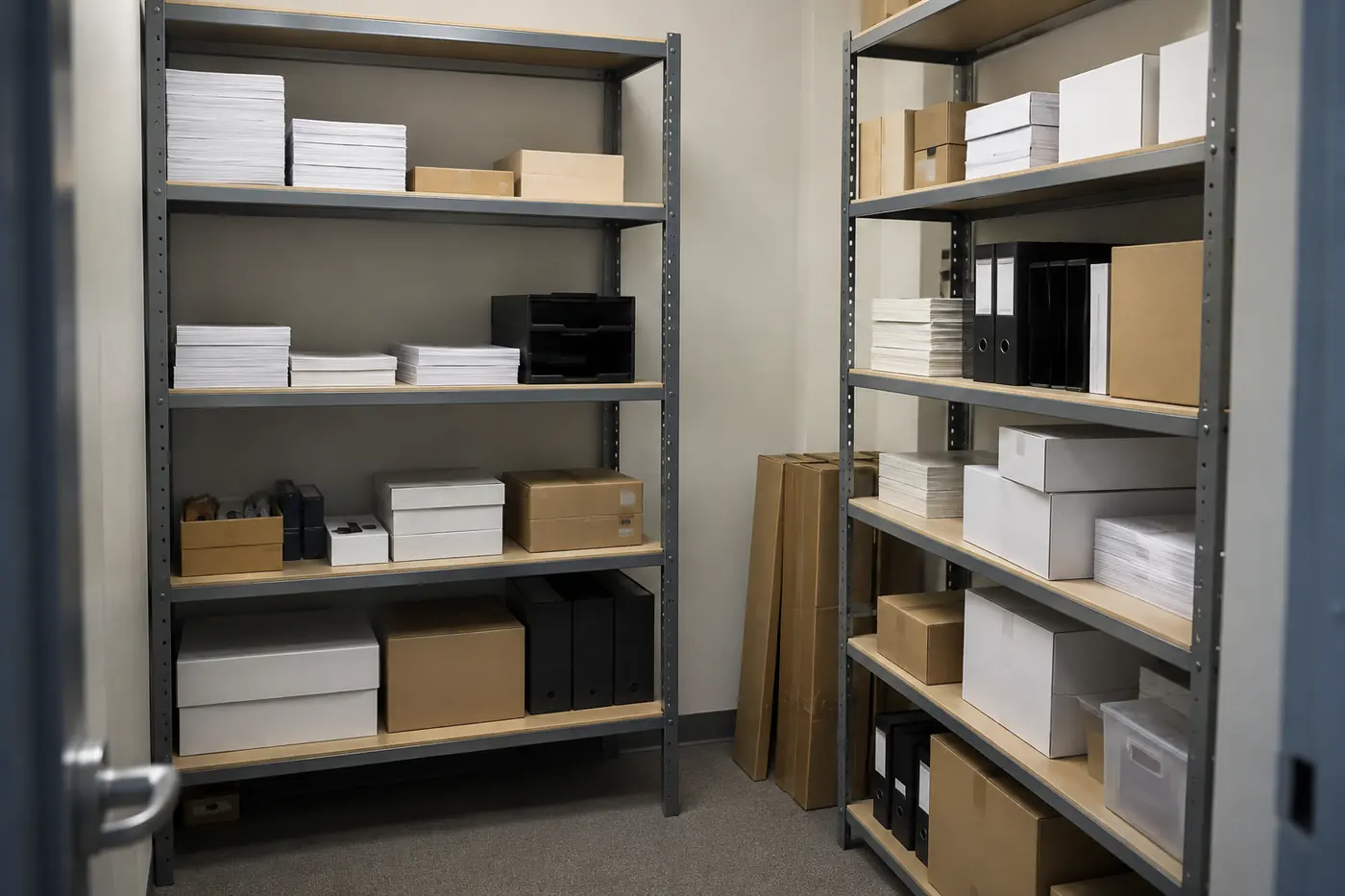 Light-duty low-profile boltless shelving with thin single rivet beams and half inch particle board shelves holding paper, binders and small boxes in an office supply room