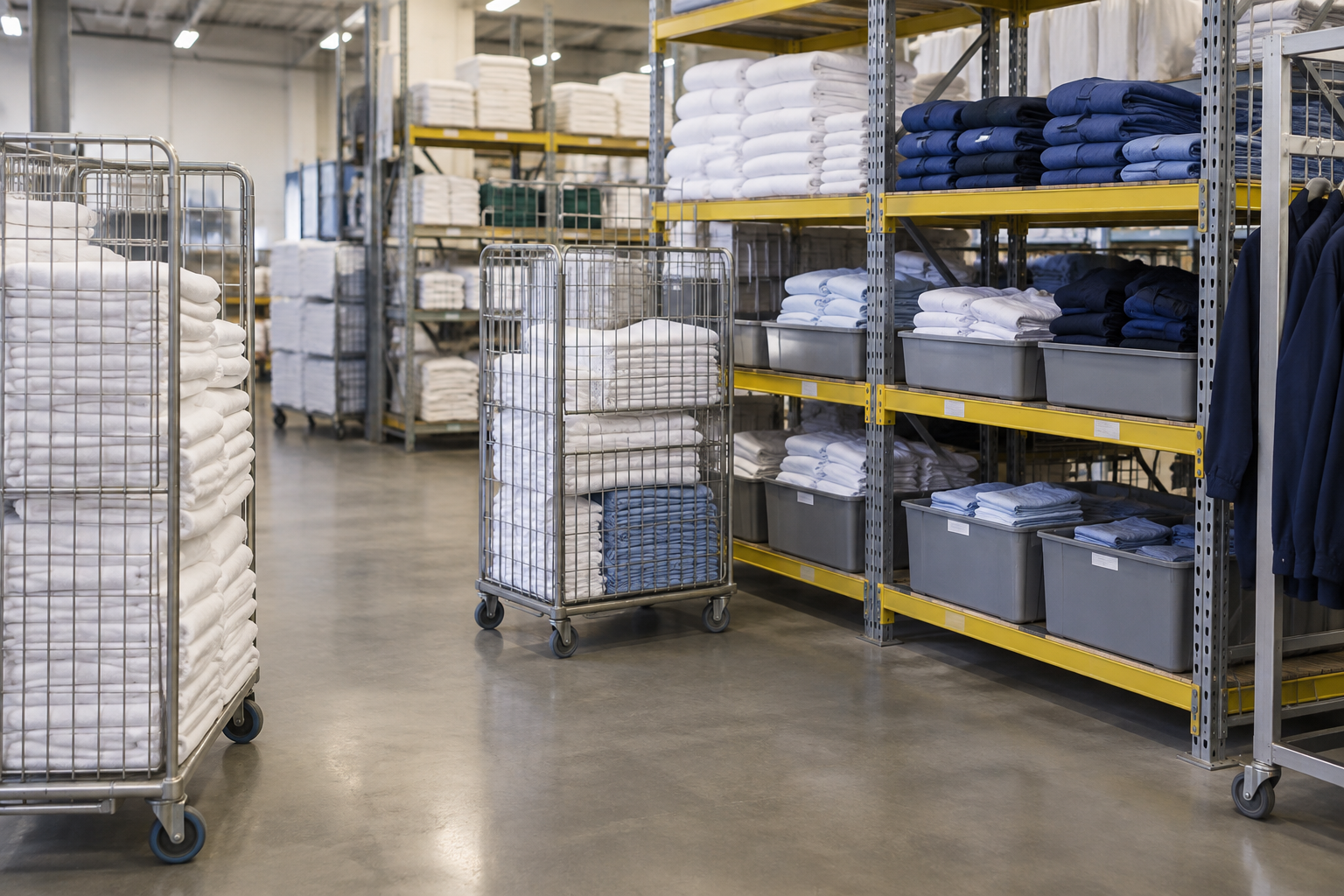 Rolling wire linen carts staged near boltless shelving stocked with bins of folded clean linens and uniforms at a commercial linen service facility