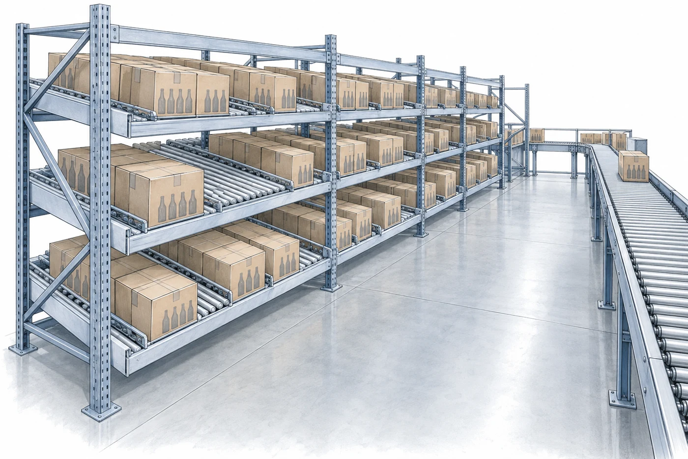 Warehouse case picking with gravity carton flow shelves holding closed cardboard beverage cases, adjacent roller conveyor and a clear working aisle