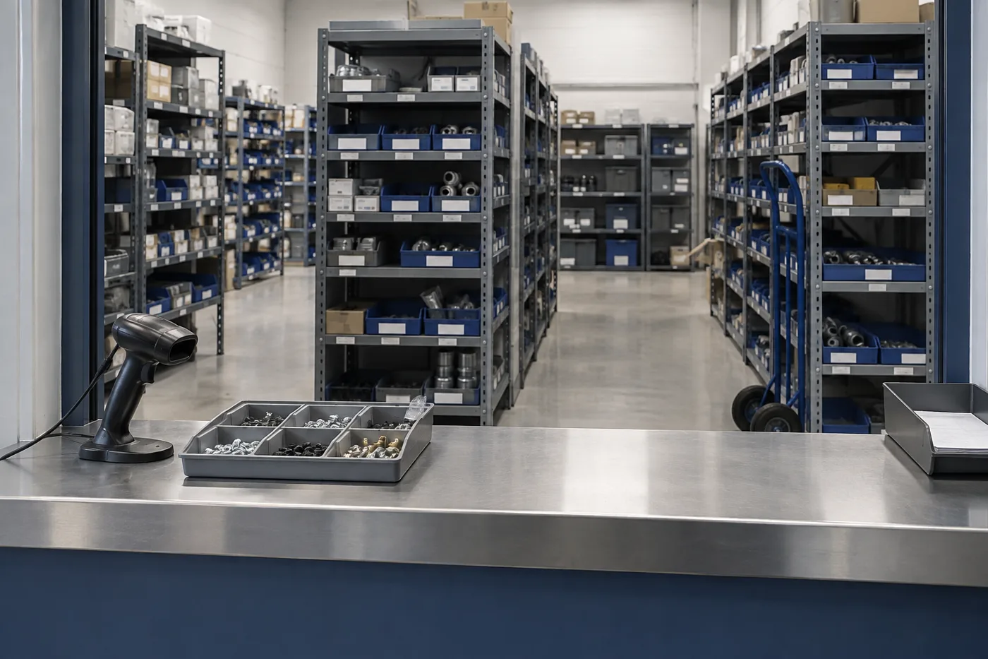 Maintenance storeroom issue window with a barcode scanner and parts kit tray in front of shelving