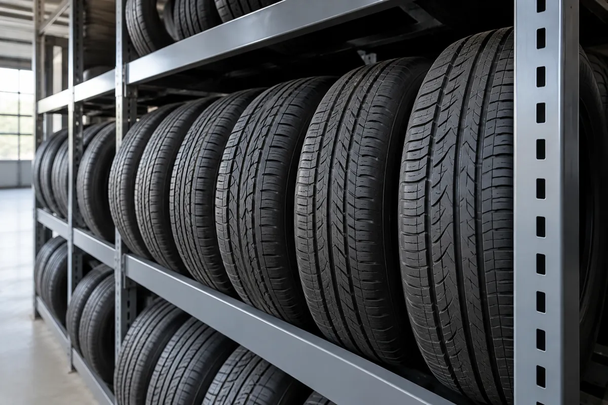 Close view of steel rack bay storing tires upright on tread, shown edge-on