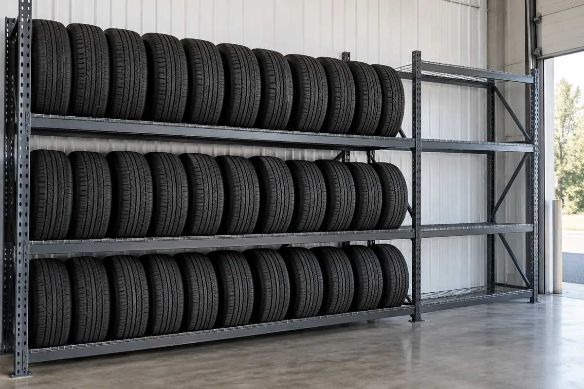 Steel tire rack run with open room for a future extension and tires stored upright