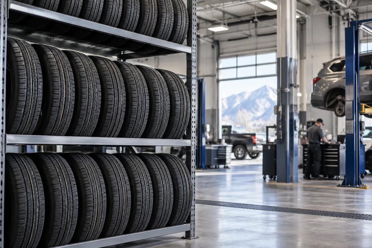 Steel tire storage rack in an automotive dealership service area, tires stored upright on tread and shown edge-on