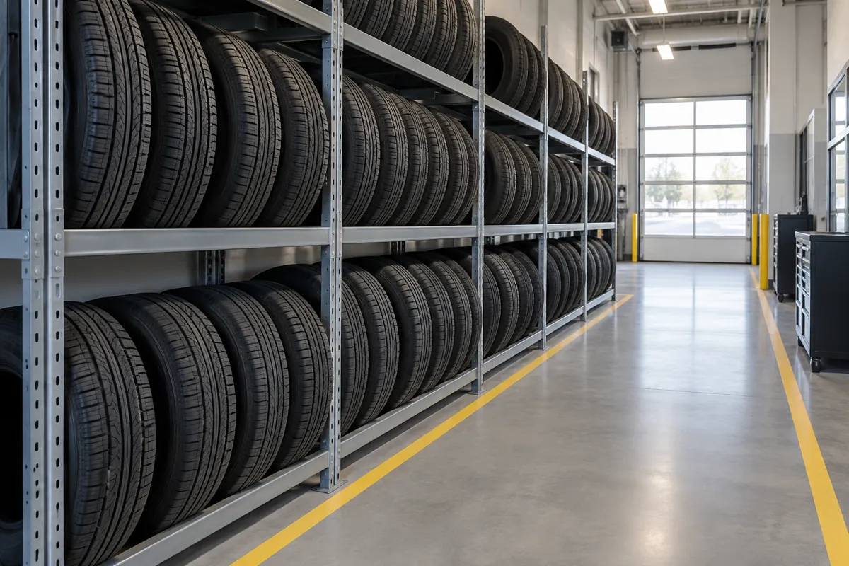 Tire storage rack run along a dealership service-room wall beside a clear aisle