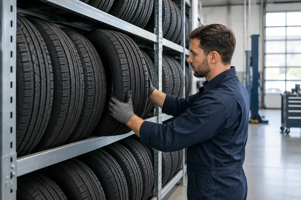 Technician retrieving an edge-on tire from a dealership storage rack