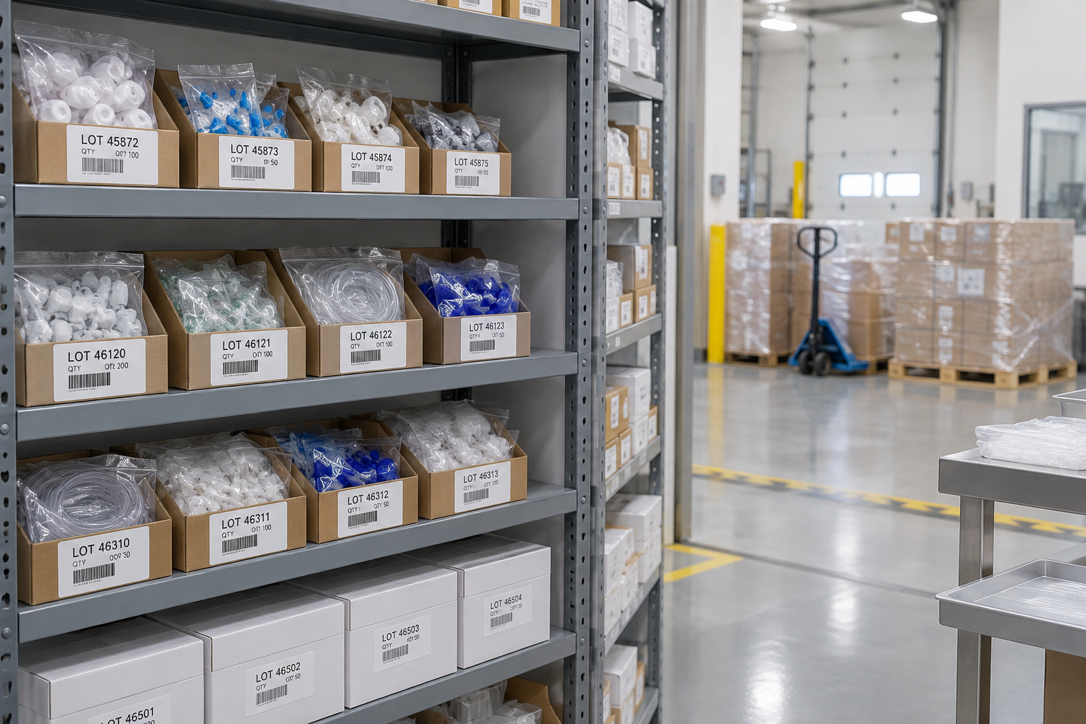 Boltless shelving holding organized small cartons of medical device components with visible lot-tracking labels