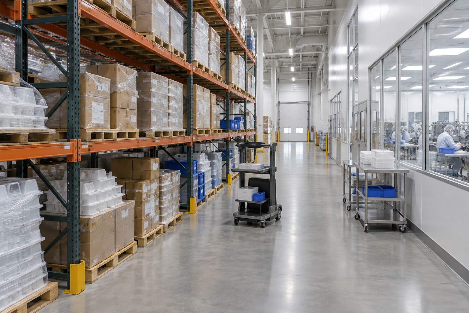 Steel selective pallet racking holding palletized boxes of medical device components near a cleanroom-adjacent assembly area