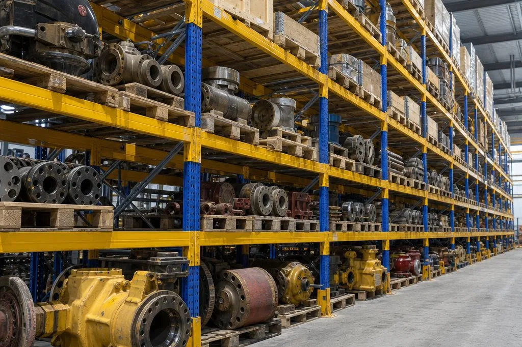 Heavy pumps, valves and gearbox rotables stored on low pallet rack levels in a mining MRO warehouse