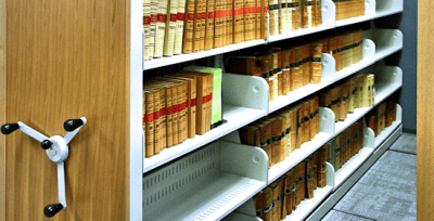 Mizer mobile shelving carriages storing bound law library volumes
