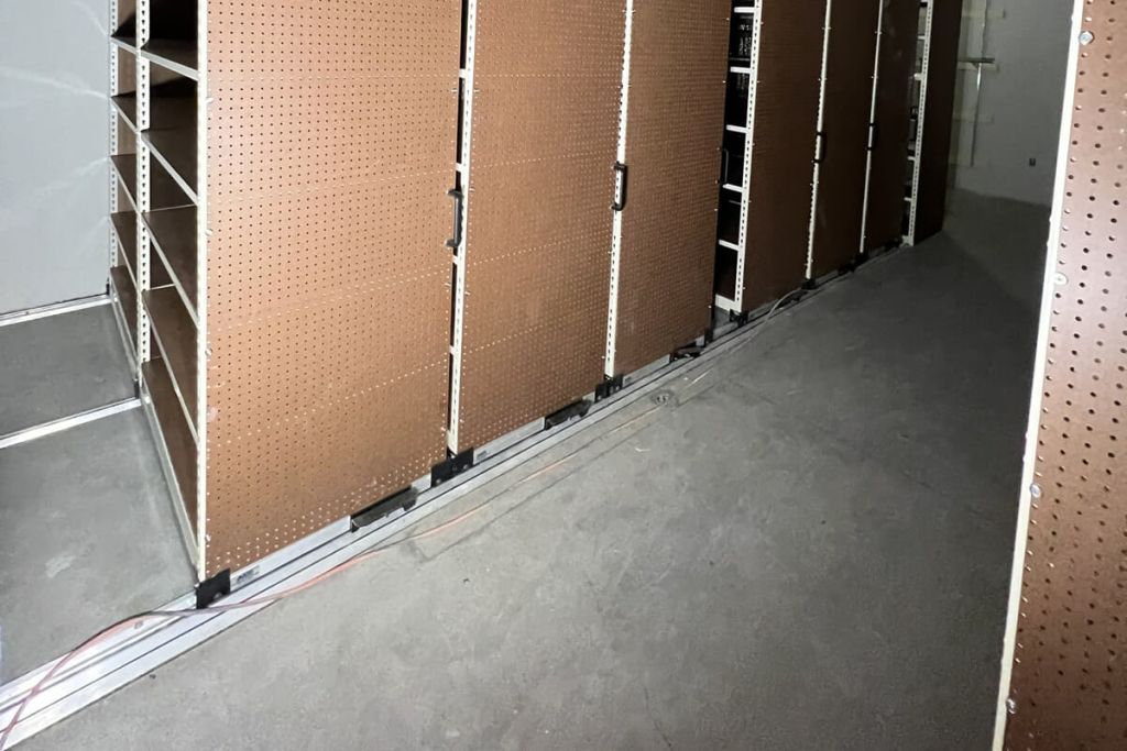 MMI manual mobile shelving carriage end panels with pull handles