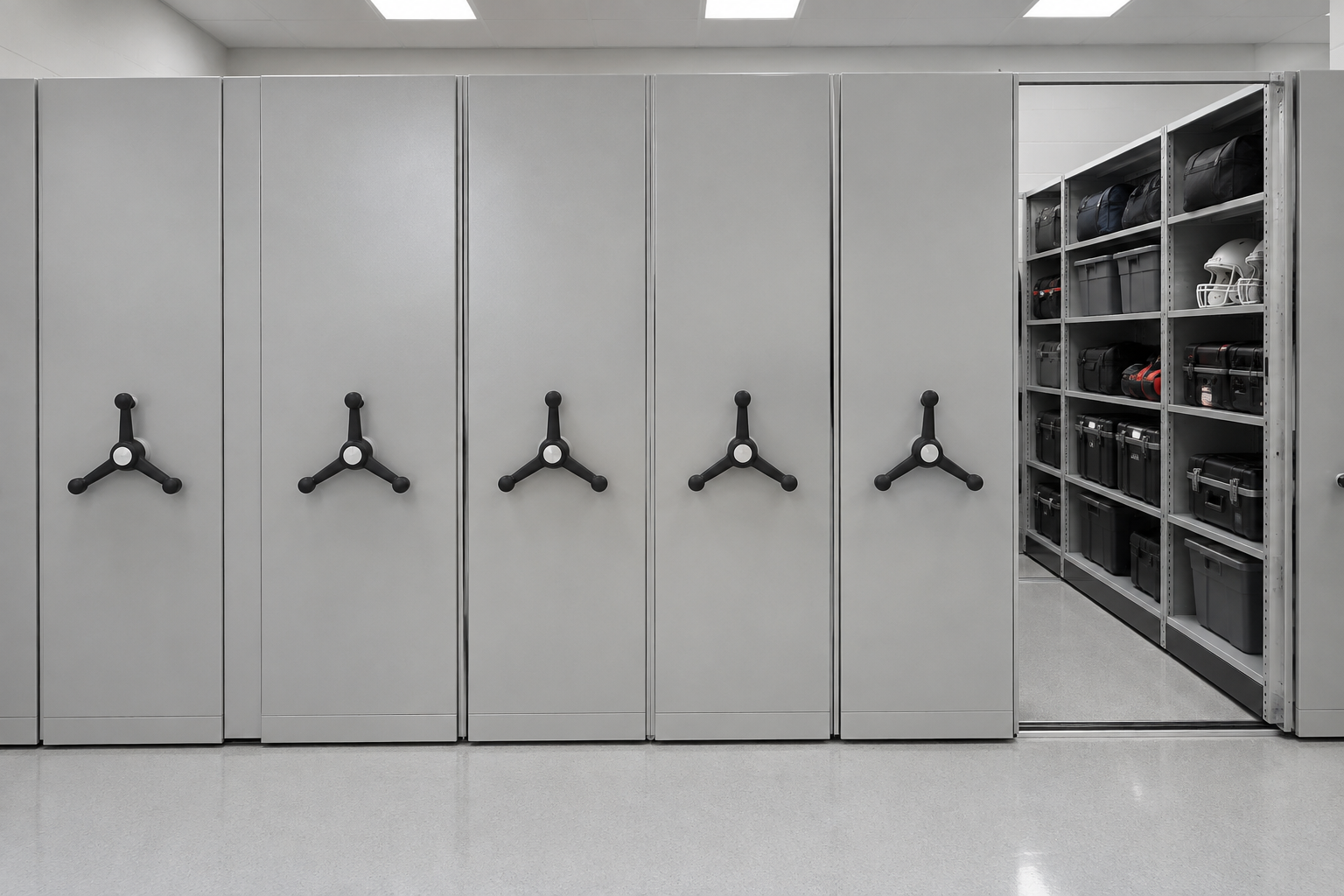Front-facing mobile shelving carriage ends with handwheels in a university athletics facility storage room
