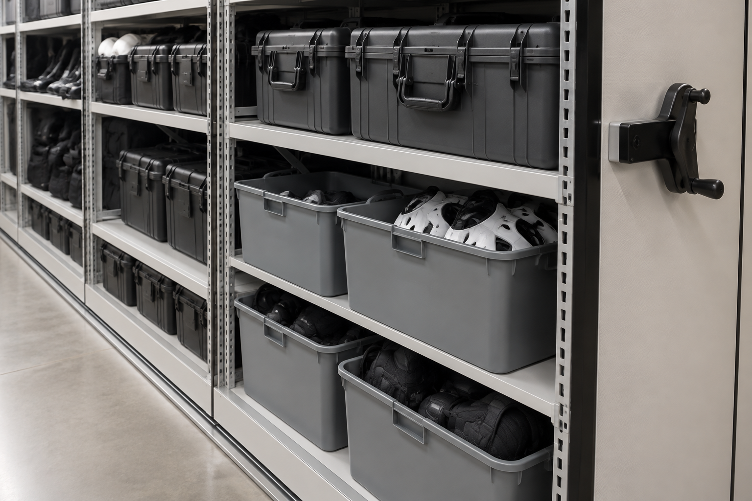 Equipment cases and athletic gear bins on a mobile shelving shelf in a university athletics facility storage room