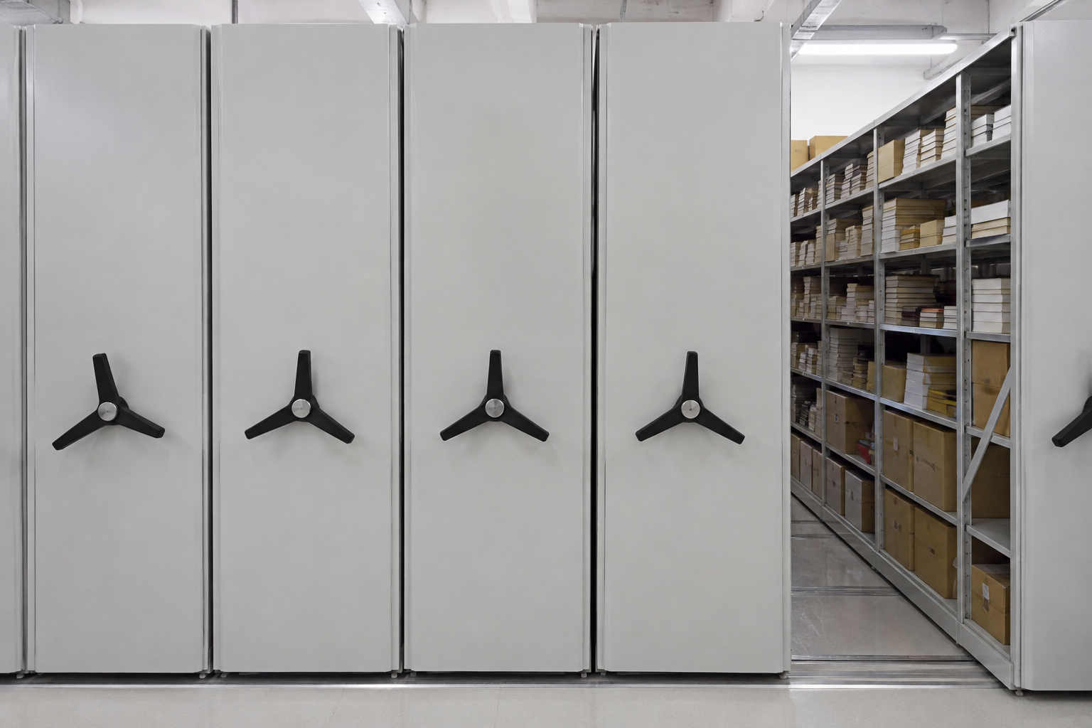 Front-facing mobile shelving carriage ends with handwheels in a retail bookstore stockroom