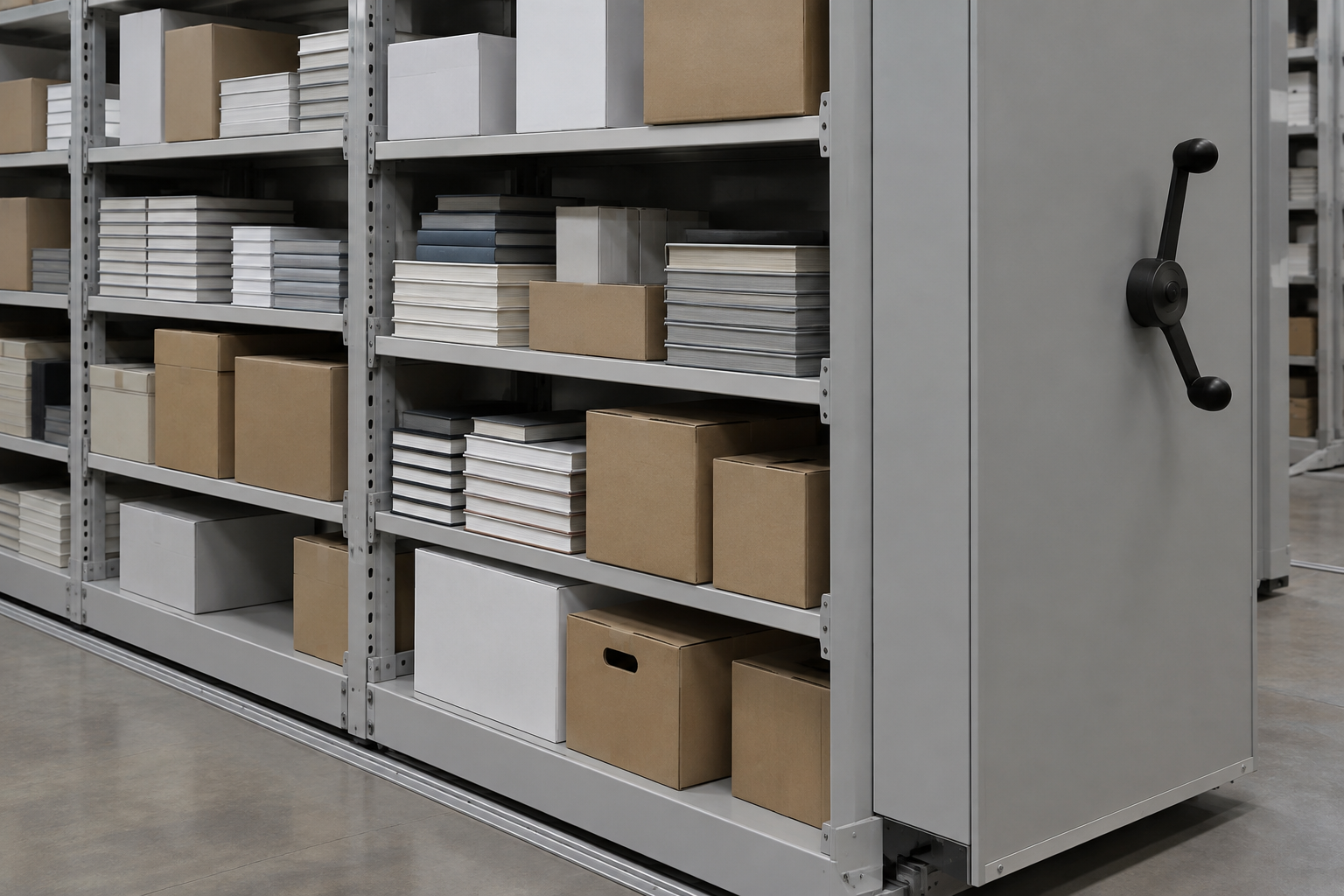 Stacked boxes of books and retail inventory cartons on a mobile shelving shelf in a retail bookstore stockroom