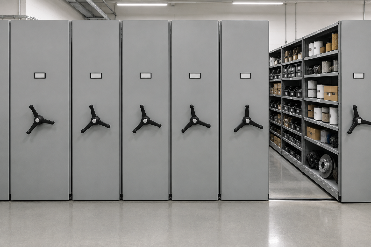 Front-facing mobile shelving carriage ends with handwheels in a city fleet maintenance parts storage room