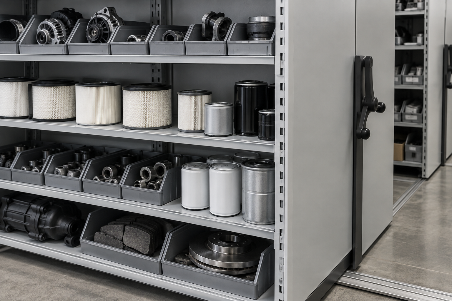 Automotive and truck parts bins and filters on a mobile shelving shelf in a city fleet maintenance storage room