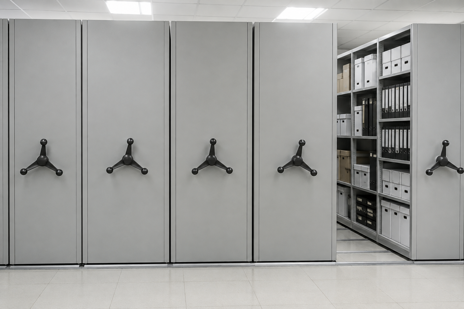 Front-facing mobile shelving carriage ends with handwheels in a healthcare administrative office storage room