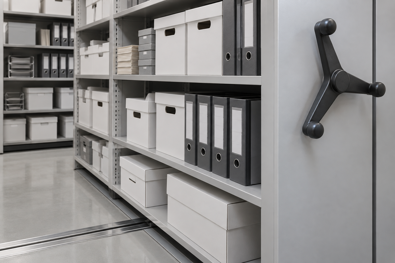 Office records boxes and binders on a mobile shelving shelf in a healthcare administrative office storage room
