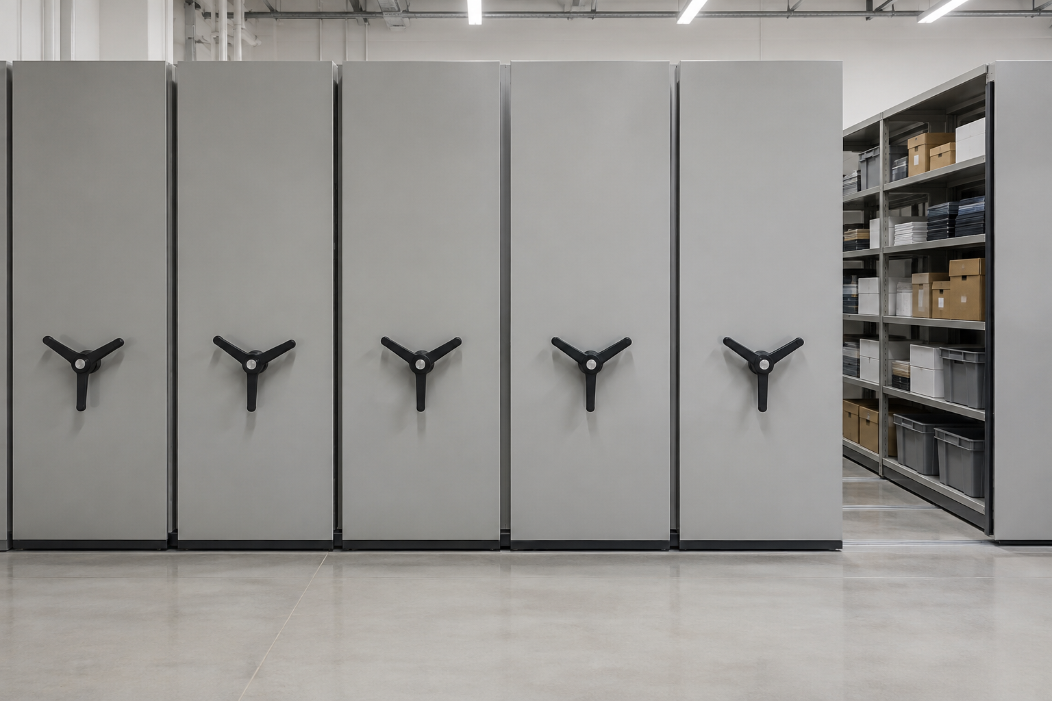 Front-facing mobile shelving carriage ends with handwheels in a school district auxiliary services warehouse storage room