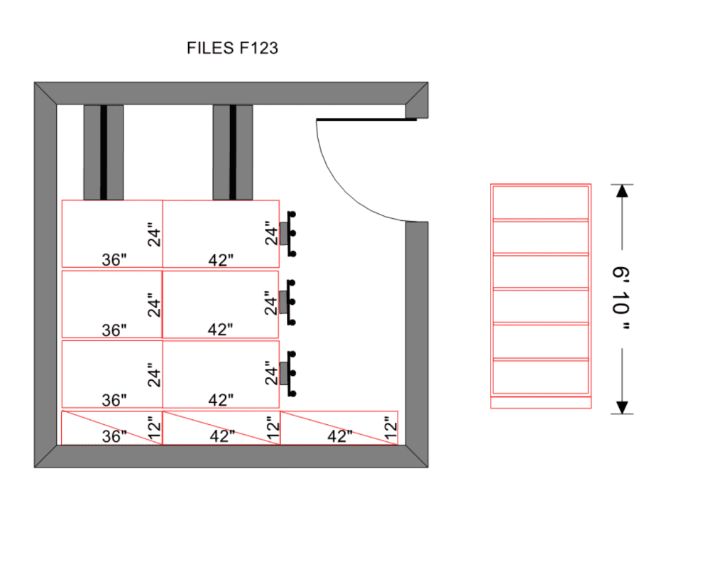 Mobile shelving layout drawing for a high school files storage room, Logan Utah
