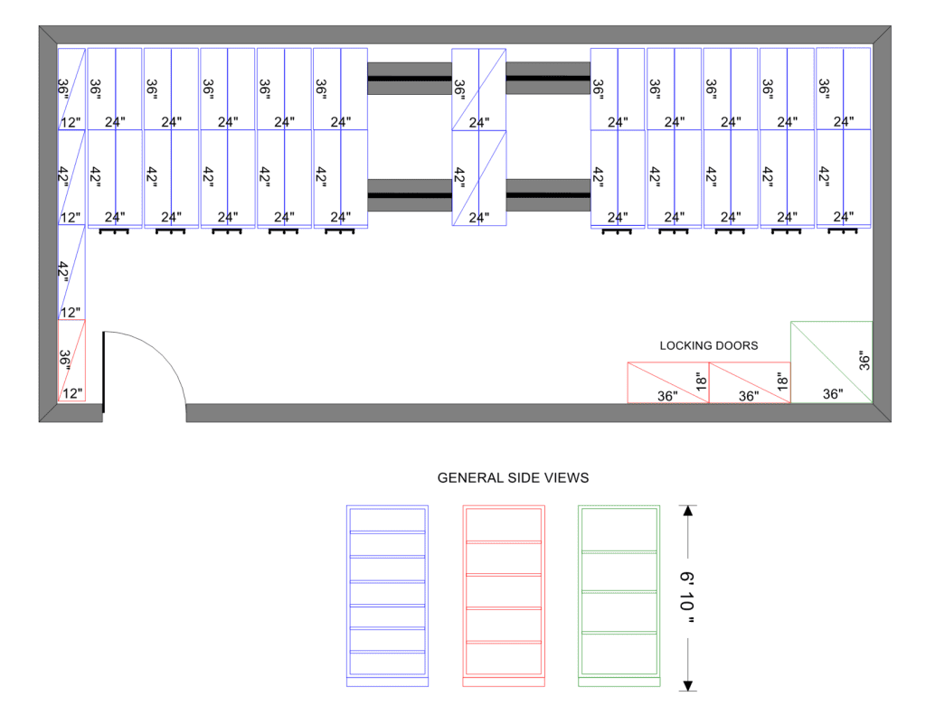 Mobile shelving layout drawing for a public utilities tool storage room, Salt Lake City Utah