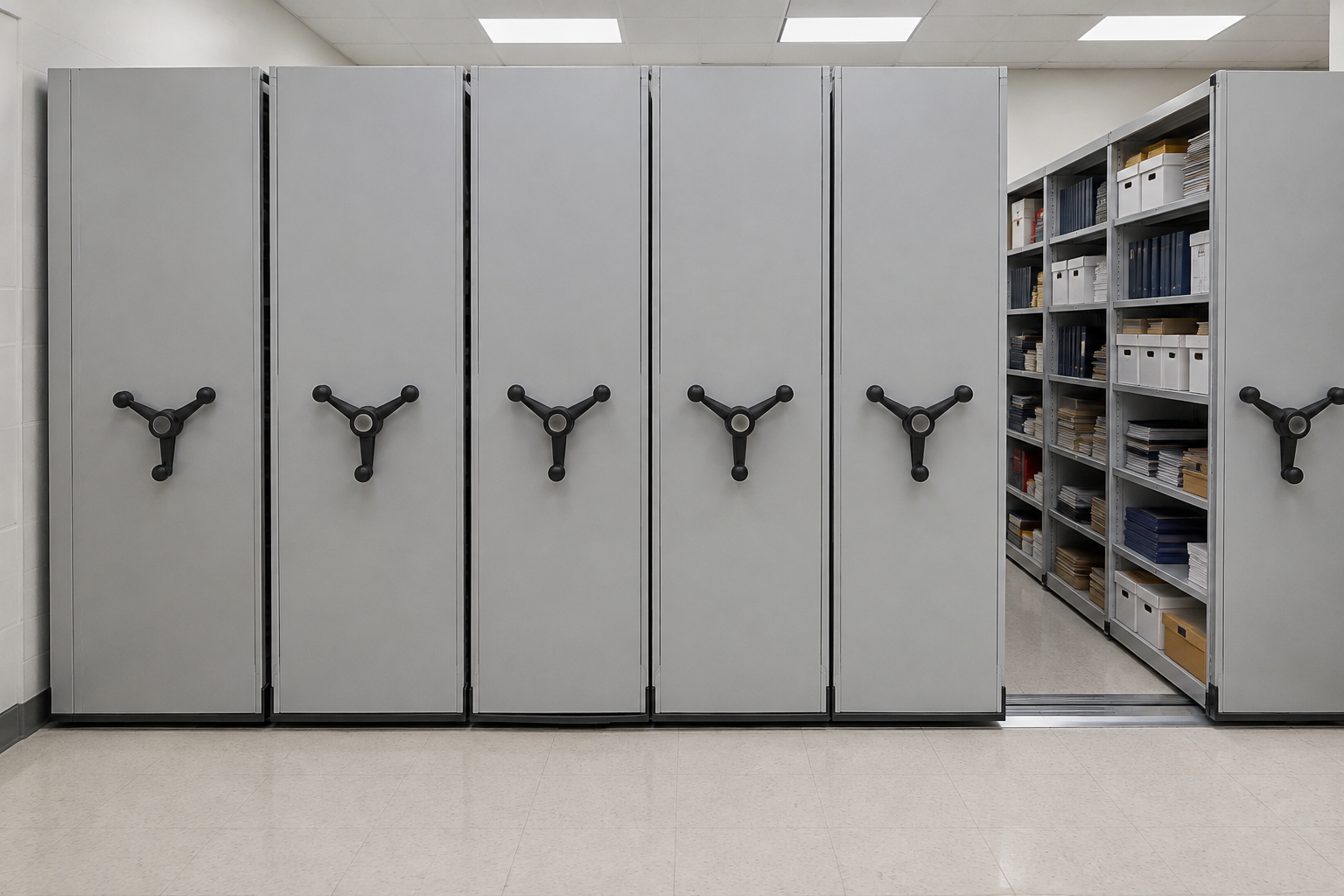 Front-facing mobile shelving carriage ends with handwheels in a high school storage and filing room