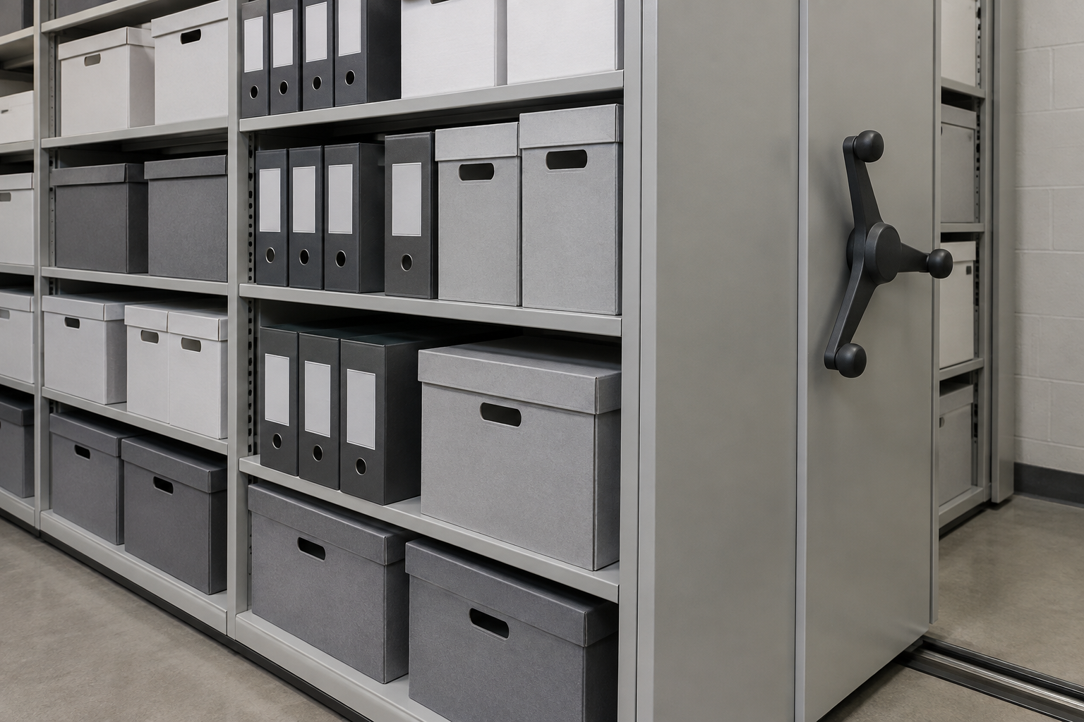 Labeled file boxes and binders on a mobile shelving shelf in a high school storage room