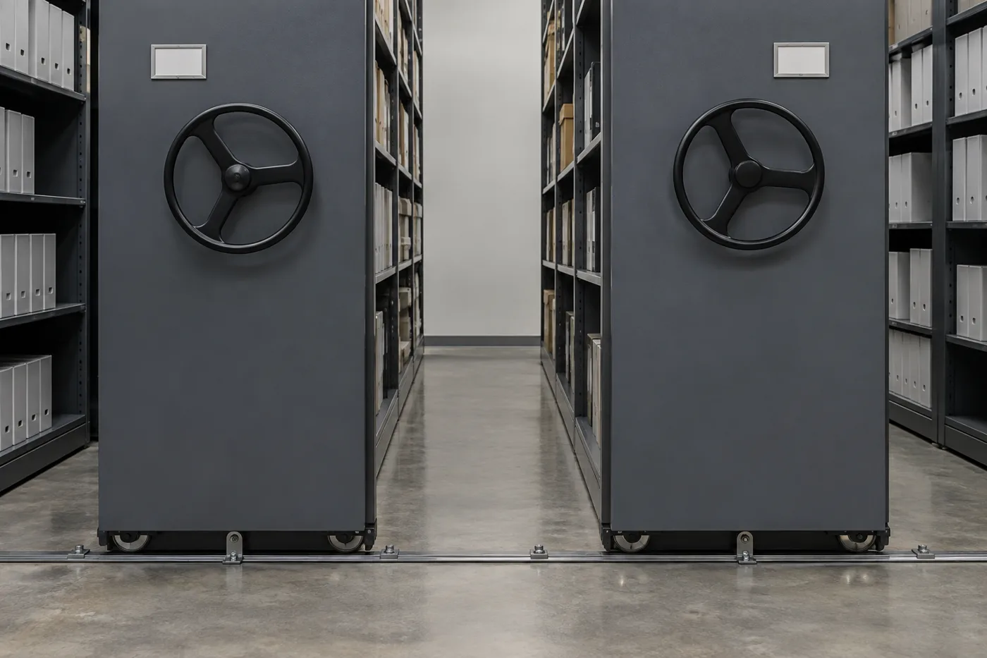 Two mobile shelving carriage ends with handwheels above a floor rail bolted to the concrete slab, with anti-tip brackets at the carriage base