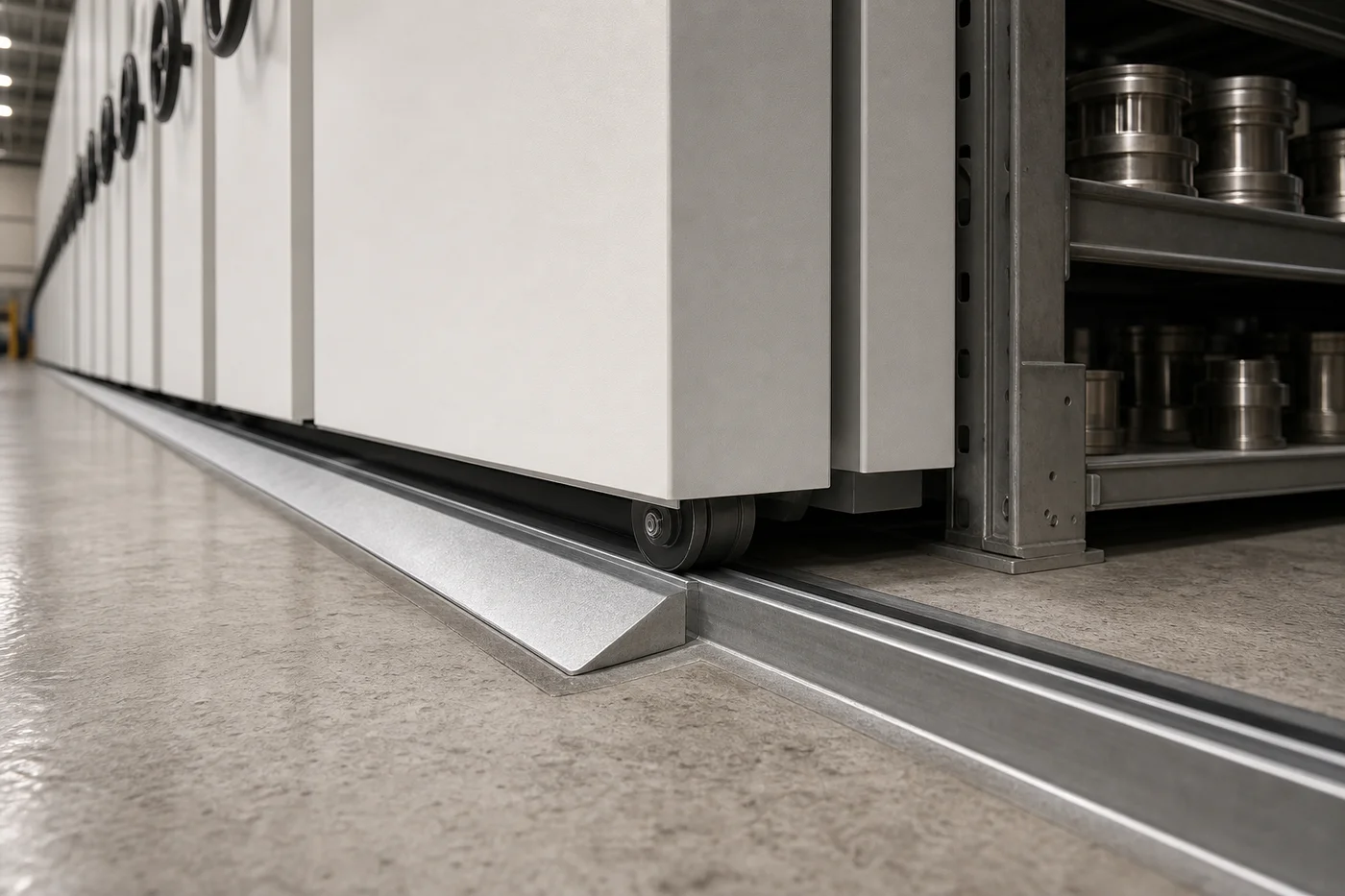 Close-up of a mobile shelving carriage wheel riding on a surface-mounted rail with a ramp, next to a recessed section of track