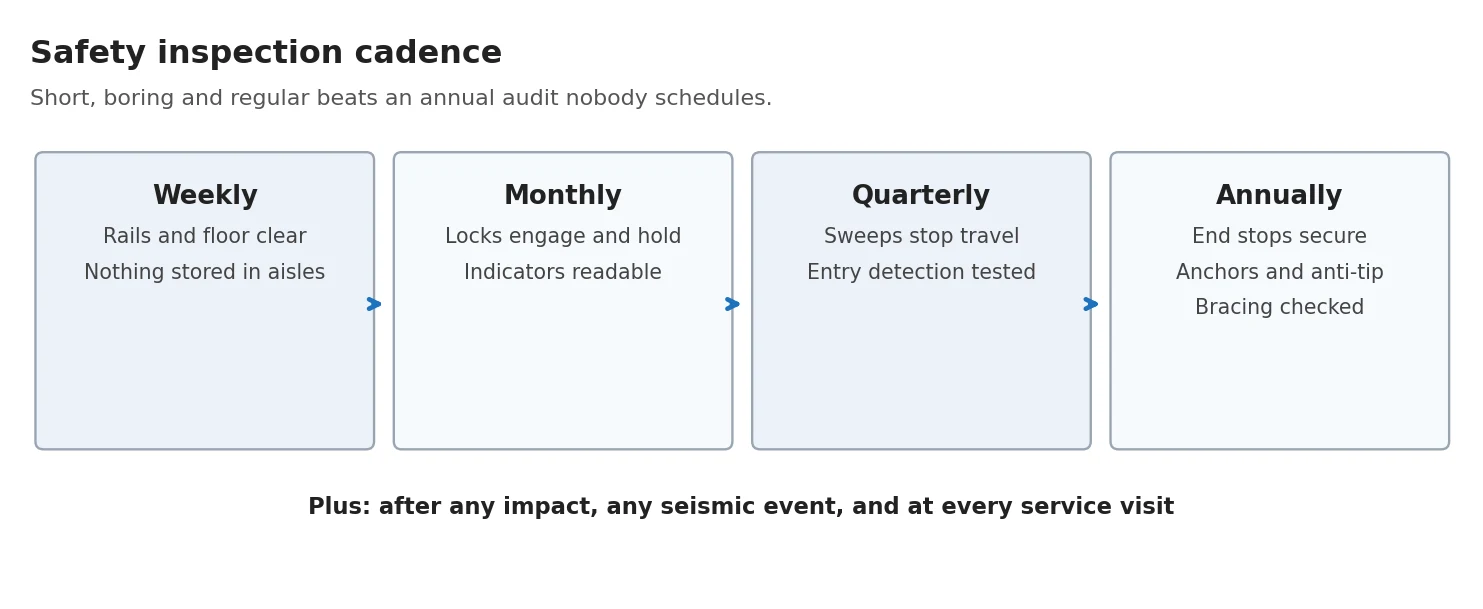 Cycle diagram of a mobile shelving safety inspection routine covering weekly, monthly, quarterly and annual checks