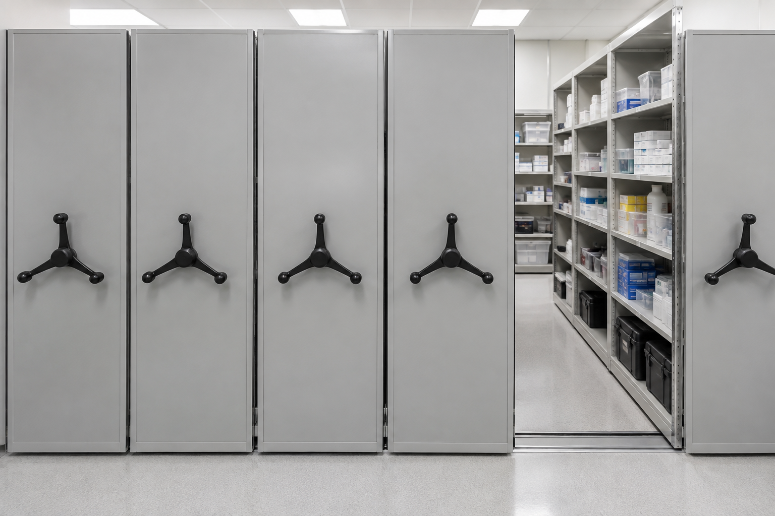 Front-facing mobile shelving carriage ends with handwheels in a laboratory supply storage room