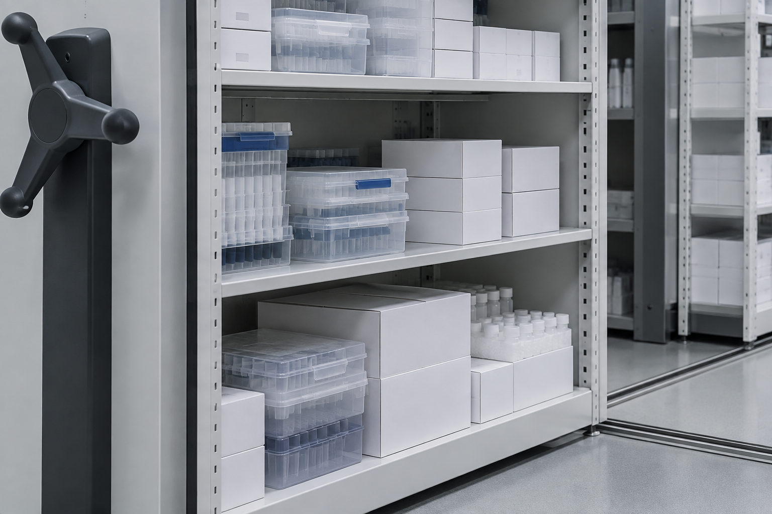 Boxed laboratory supplies and consumables on a mobile shelving shelf