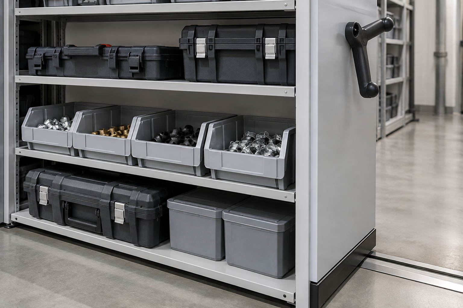 Tool boxes and maintenance parts bins on a mobile shelving shelf