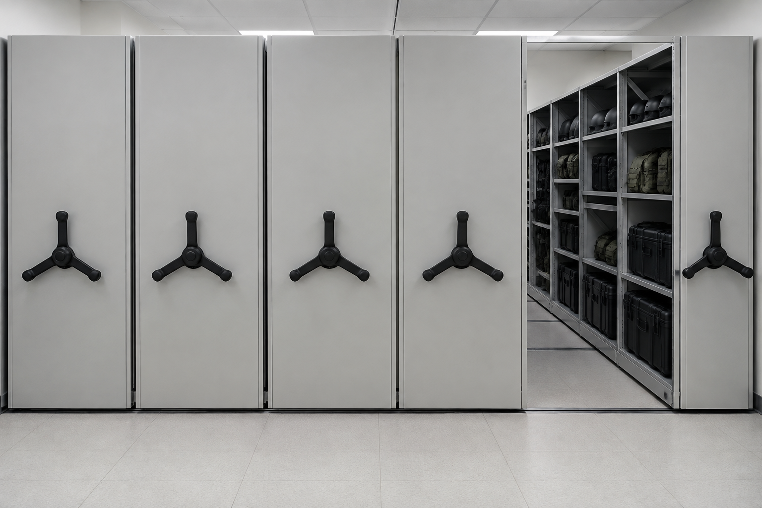 Front-facing mobile shelving carriage ends with handwheels in a law enforcement tactical gear storage room