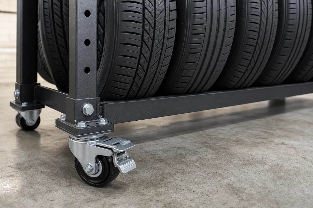 Heavy-duty swivel caster with brake at the base of a loaded steel mobile tire rack on a sealed concrete floor