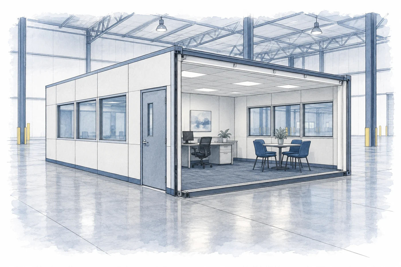 AI-generated conceptual planning illustration for a panelized in-plant office