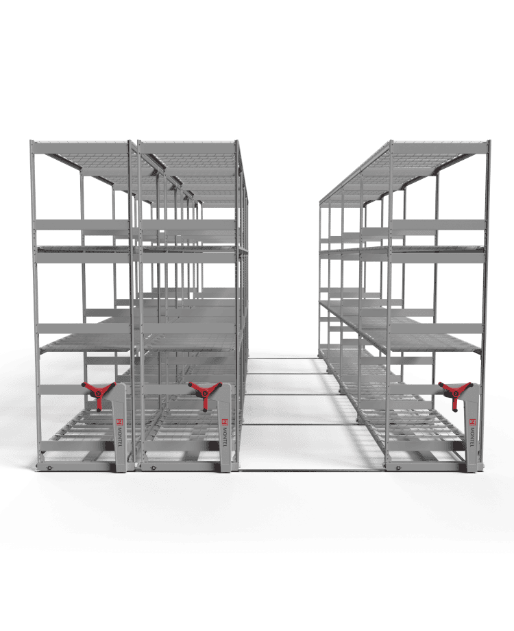 Montel BULK&ROLL mechanical-assist mobile racking with three ranges closed on floor rail