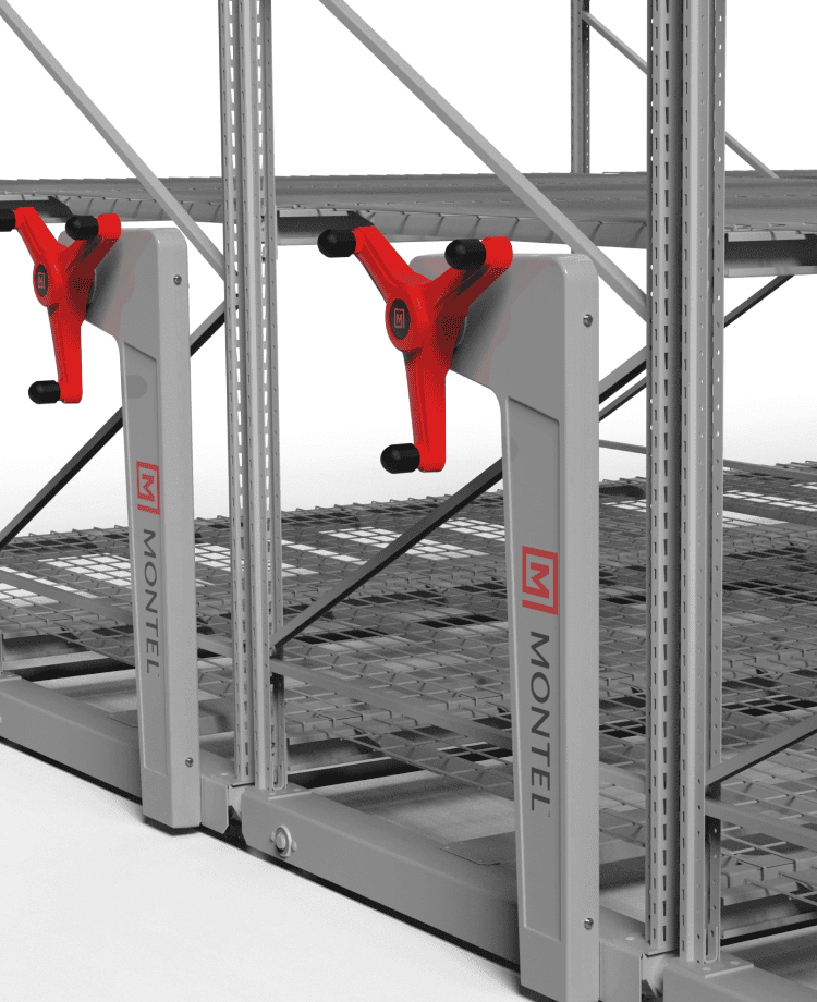 Close-up of two Montel BULK&ROLL end panels with red push-button aisle-locking assist handles