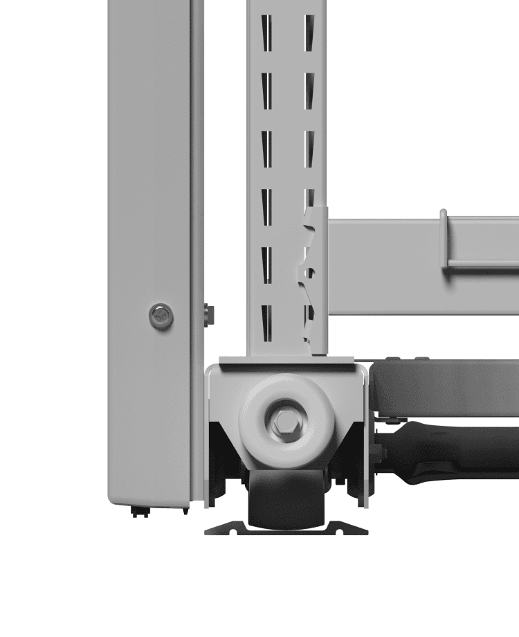 Detail of a Montel BULK&ROLL carriage wheel and rail connection at the base of an end panel