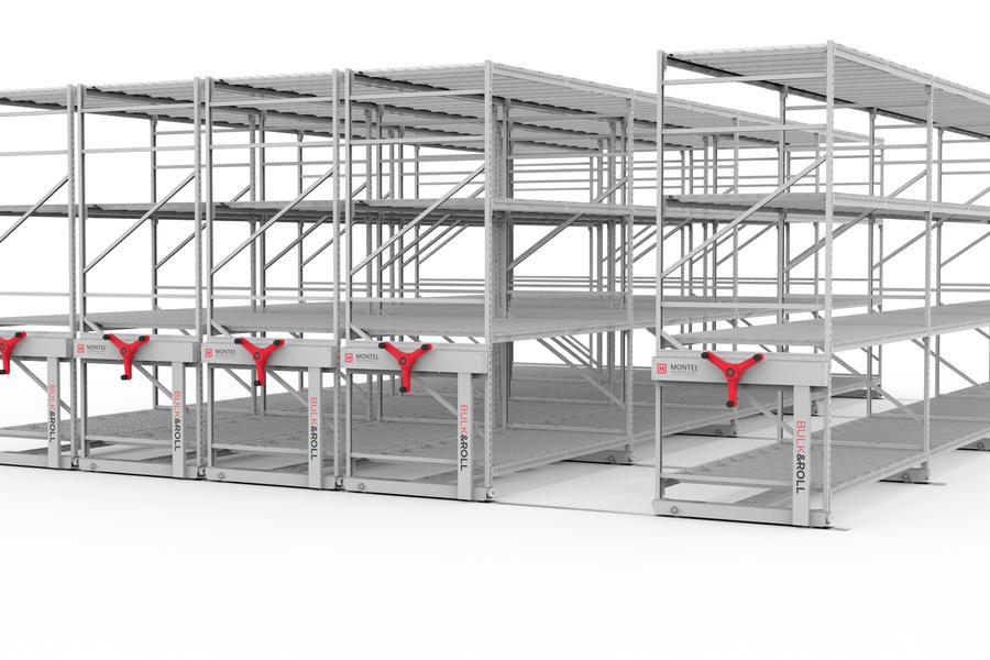 Montel BULK&ROLL mobile racking system, full installation view used in Montel's product video