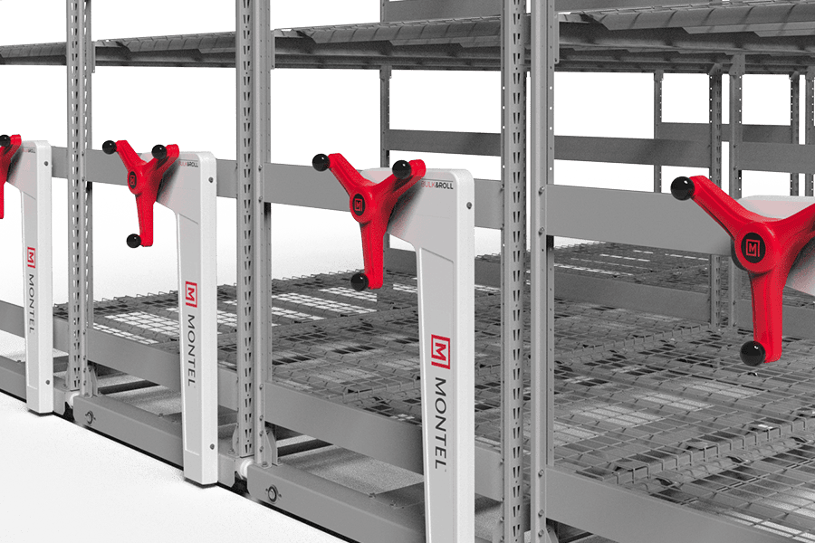 Wide view of a Montel BULK&ROLL mobile racking installation with multiple closed ranges and one open aisle