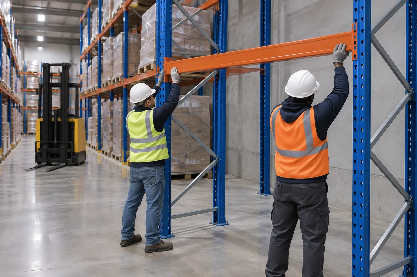 Two warehouse workers setting an orange pallet rack beam at a new higher elevation in an empty bay while adding a beam level