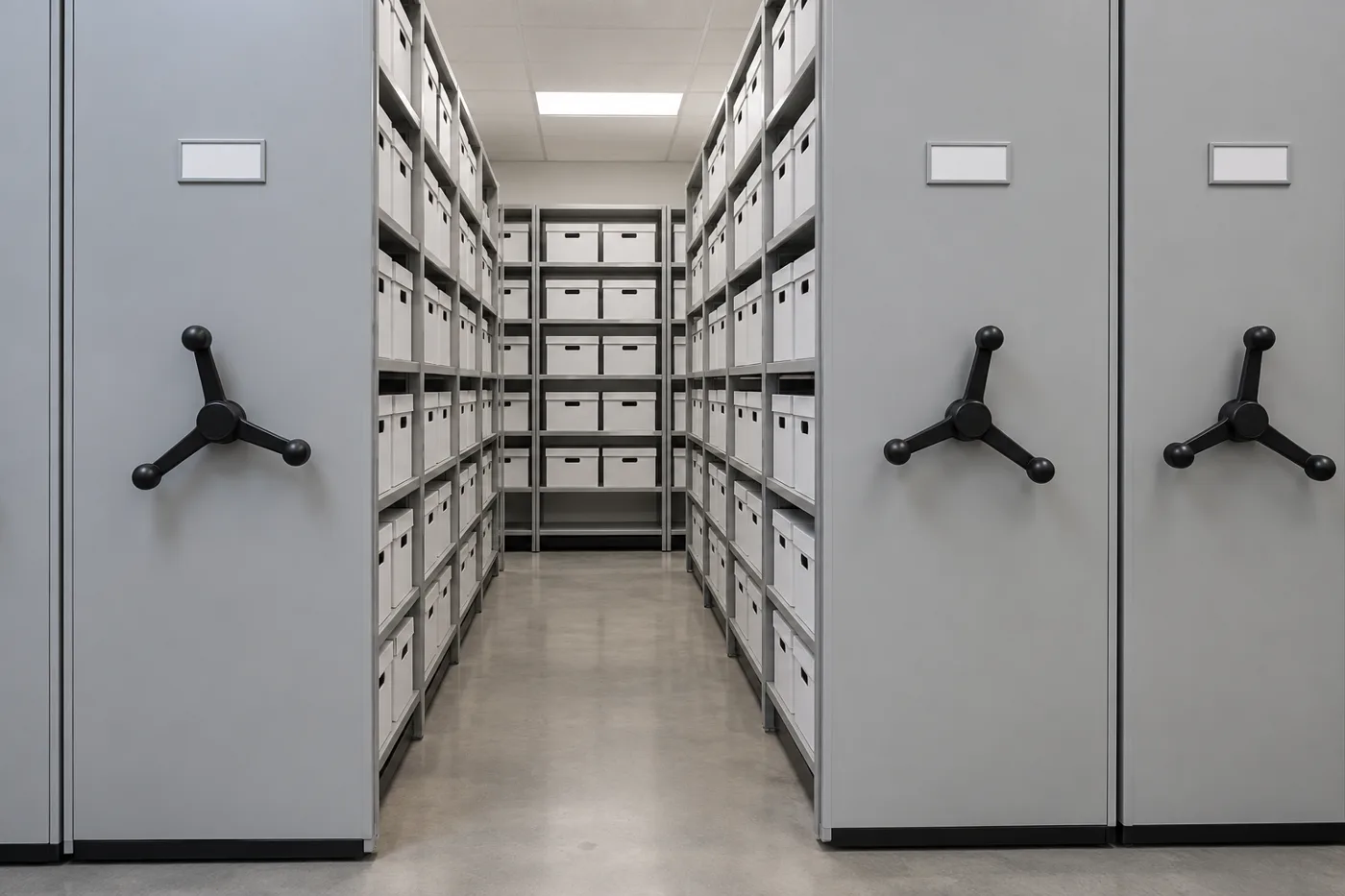 Front-facing mobile shelving carriage ends with handwheels and an open aisle of uniform white records center boxes