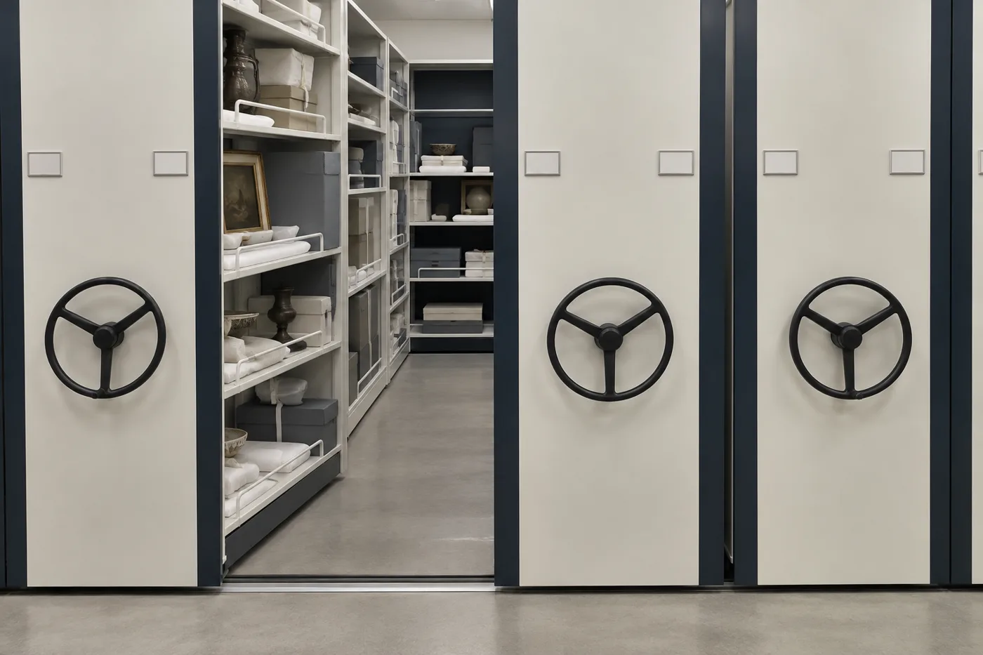 Museum collections mobile shelving with front-facing handwheels and an open aisle of wrapped artifacts on padded shelves with shelf lips
