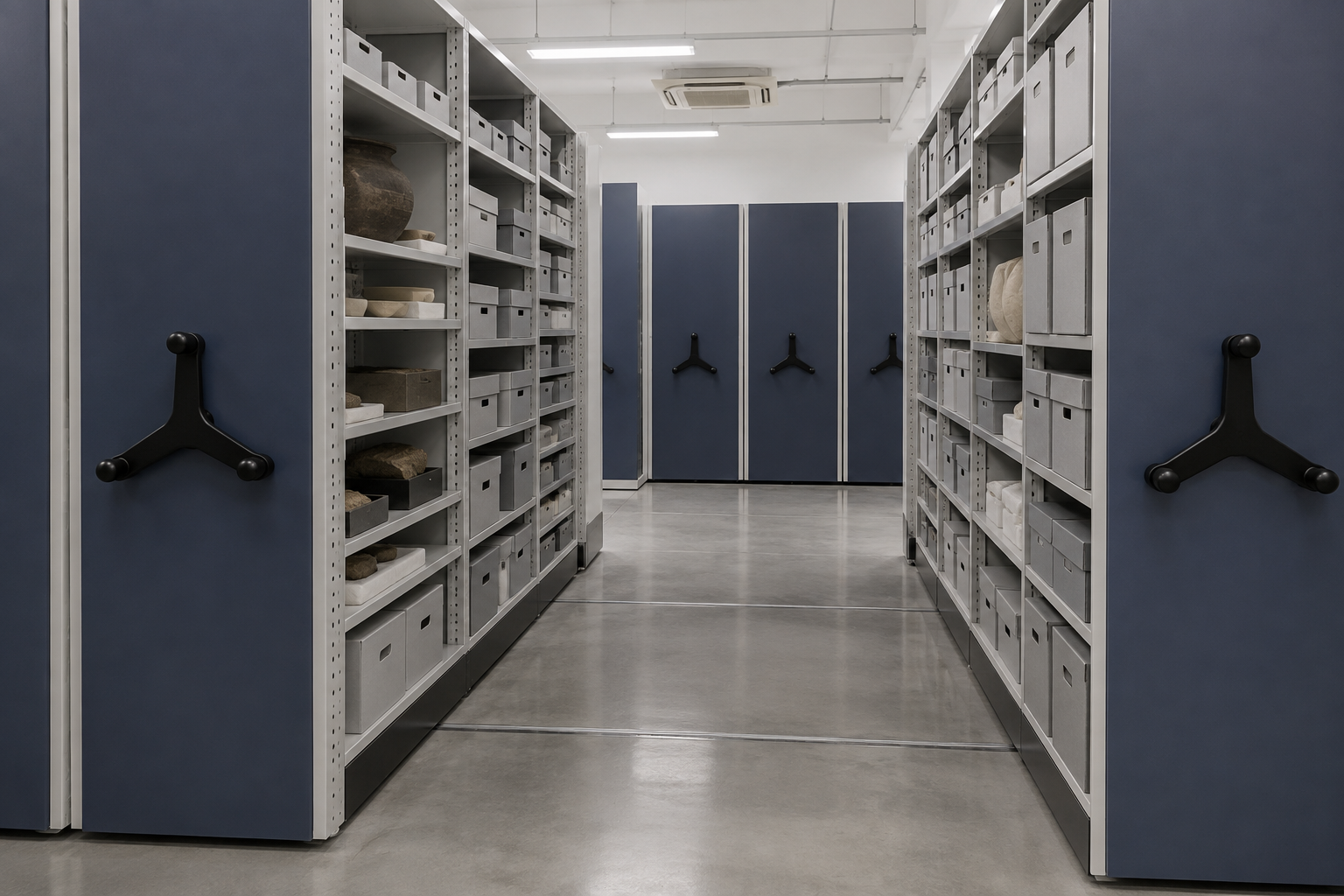 Museum collections storage room with shelving holding archival boxes and objects