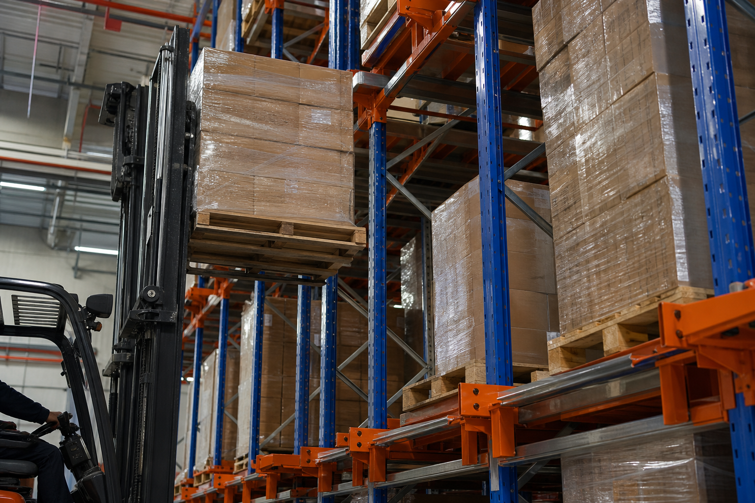 High-density push-back pallet racking loaded with incoming inventory